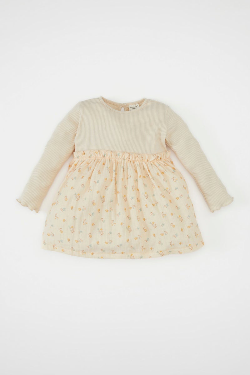 ديفاكتو فستان بيبي بناتي فلورال مضلع قصة عادية كم طويل بياقة مستديرة - Image 1