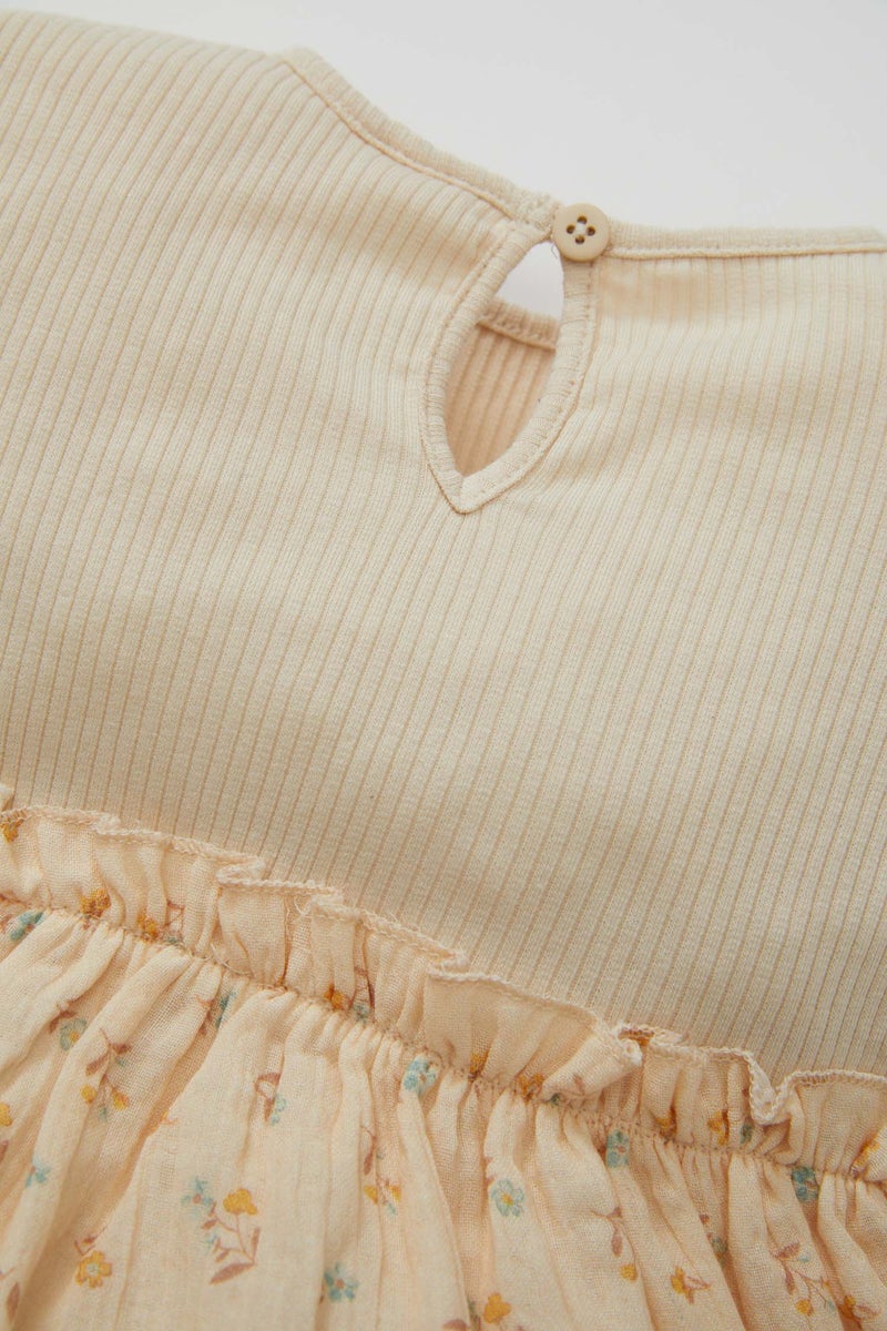 ديفاكتو فستان بيبي بناتي فلورال مضلع قصة عادية كم طويل بياقة مستديرة - Image 2