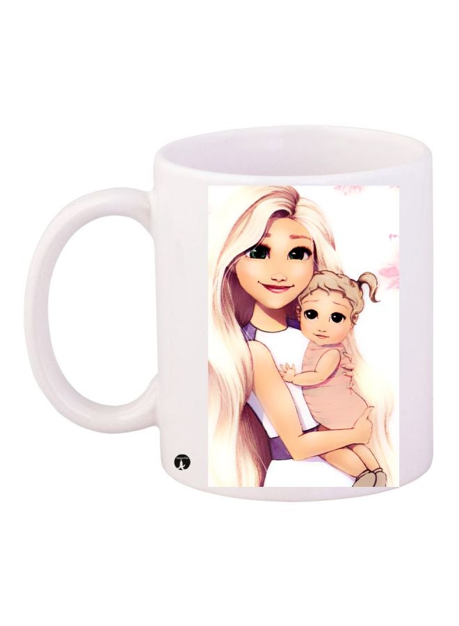 RYN Cartoon Girl And Baby Printed Coffee Mug White/Beige/Blue 11ounce