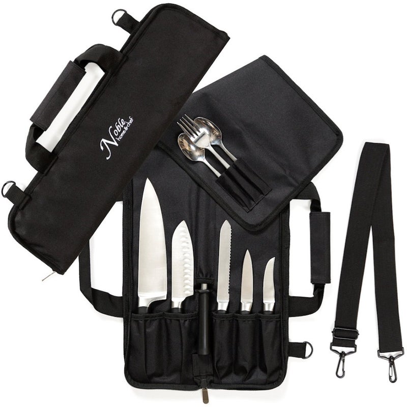 Noble Home Chef Chef Knife Roll Bag (6 slots) is Padded and Holds 5 Knives PLUS a Protected Pouch for Your Knife Steel! Our Durable Knife Carrier Includes Shoulder Strap, Handle, and Business Card Holder. (Bag Only)  - Image 1