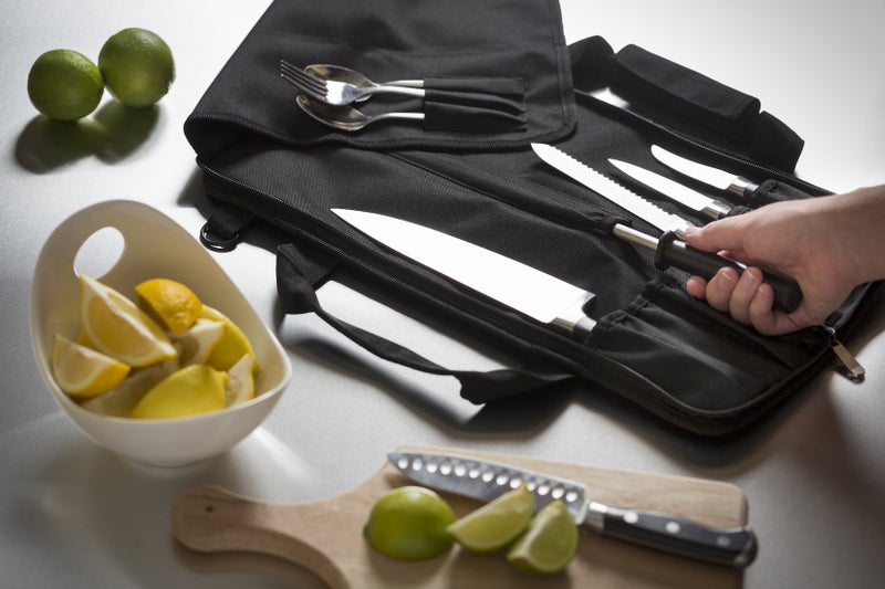 Noble Home Chef Chef Knife Roll Bag (6 slots) is Padded and Holds 5 Knives PLUS a Protected Pouch for Your Knife Steel! Our Durable Knife Carrier Includes Shoulder Strap, Handle, and Business Card Holder. (Bag Only)  - Image 4
