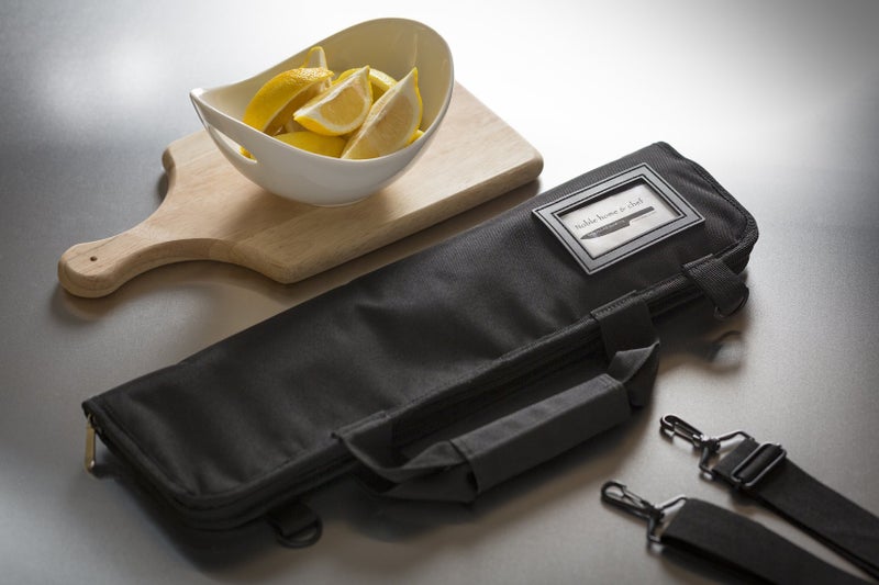 Noble Home Chef Chef Knife Roll Bag (6 slots) is Padded and Holds 5 Knives PLUS a Protected Pouch for Your Knife Steel! Our Durable Knife Carrier Includes Shoulder Strap, Handle, and Business Card Holder. (Bag Only)  - Image 5