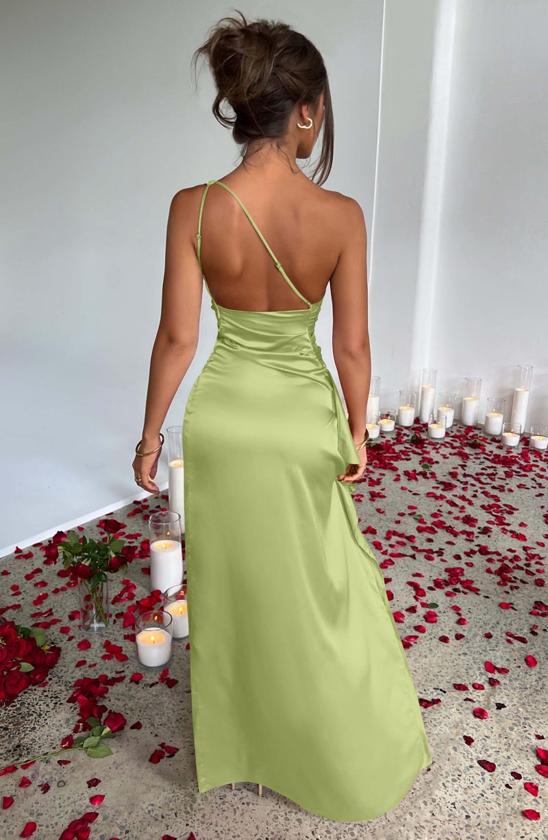 Memoriesea Women's Sexy One Shoulder Satin High Split Cocktail Wedding Party Maxi Dress Tender Green - Image 5