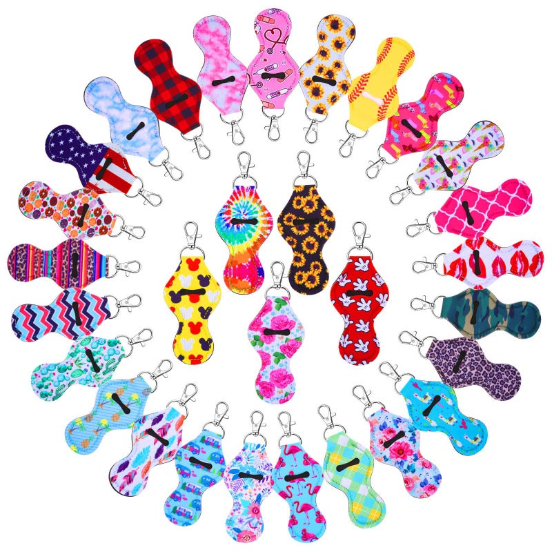 Caffox Chapstick Holder Keychain 30Pcs Lip Balm Holder with Clip Chapstick Lipstick Lipgloss Holder Bulk for Lanyards Keychain