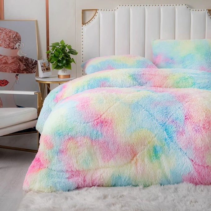 FAUX FUR COMFORTER SET FULLQUEEN RAINBOW PINK FLUFFY FUZZY COMFORTER LUXURY ULTRA SOFT SHAGGY PLUSH MICROFIBER BEDDING SET 3 PIECES COMFORTER X 1 PILLOWCASES X 2