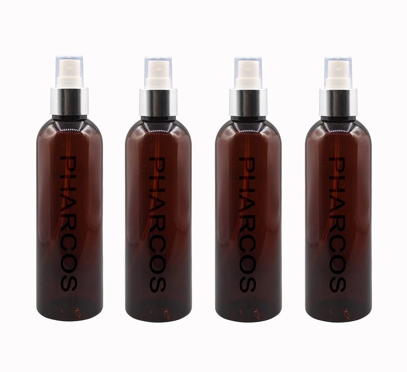 Pharcos 200Ml Amber Plastic Bottle With Silver Metallic Collar White Mist Spray Unbreakable LeakProof Refillable Containers For Home Office Car And Cleaning Oils Sanitizers Pack Of 4 - Image 1