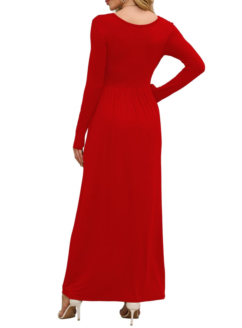 DEARCASE Maxi Dress for Women Red Small Crewneck Long Sleeves Wedding Guest A-line Plain Casual Empire Waist Flowy Party Vintage Spring Fall Winter Floor Dresses with Pocket - Image 3