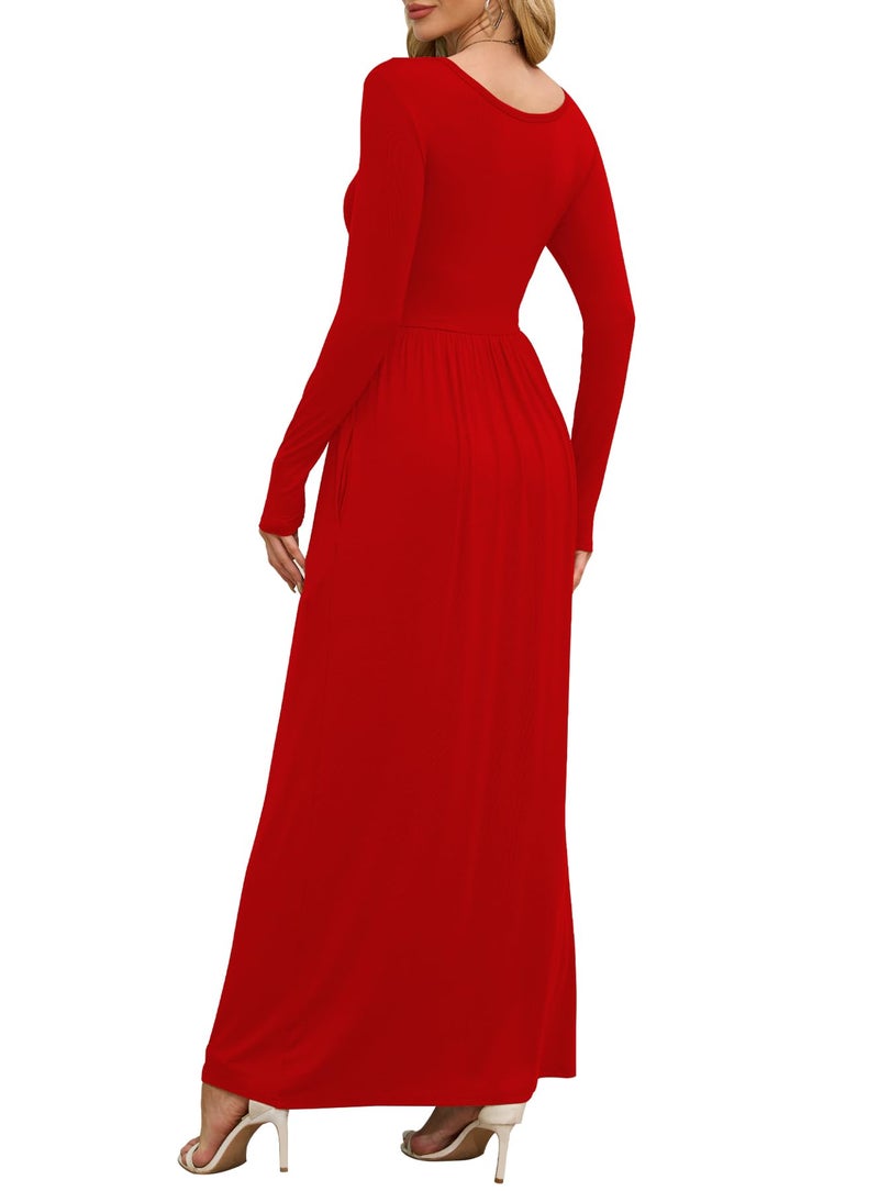DEARCASE Maxi Dress for Women Red Small Crewneck Long Sleeves Wedding Guest A-line Plain Casual Empire Waist Flowy Party Vintage Spring Fall Winter Floor Dresses with Pocket - Image 2