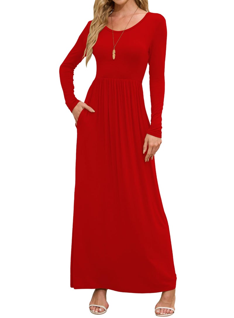 DEARCASE Maxi Dress for Women Red Small Crewneck Long Sleeves Wedding Guest A-line Plain Casual Empire Waist Flowy Party Vintage Spring Fall Winter Floor Dresses with Pocket - Image 1