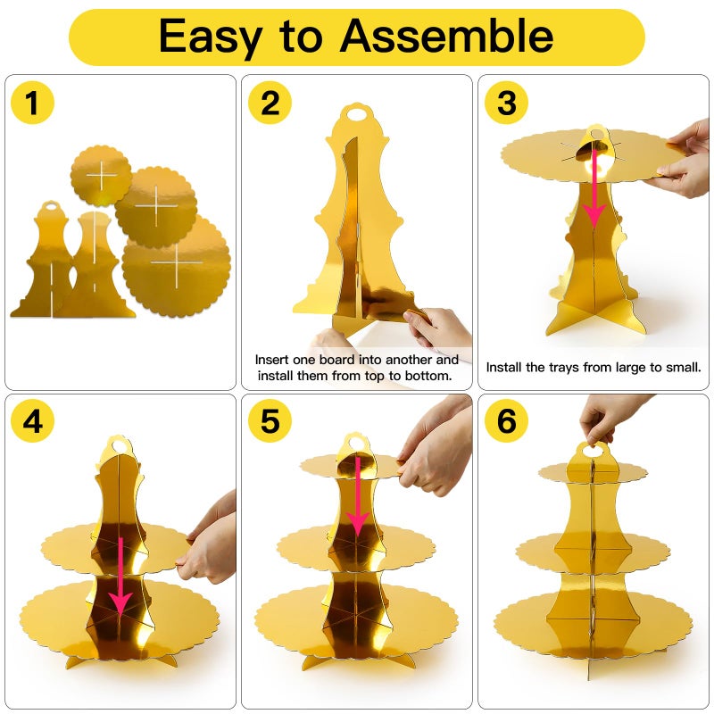 Soleebee 3-Tier Cupcake Stand, Cardboard Cupcake Tower, Dessert Cup Cake Stand Tower for Birthday Wedding Party Decoration, Cupcake Tier Stand 1 Set (Gold) - Image 4