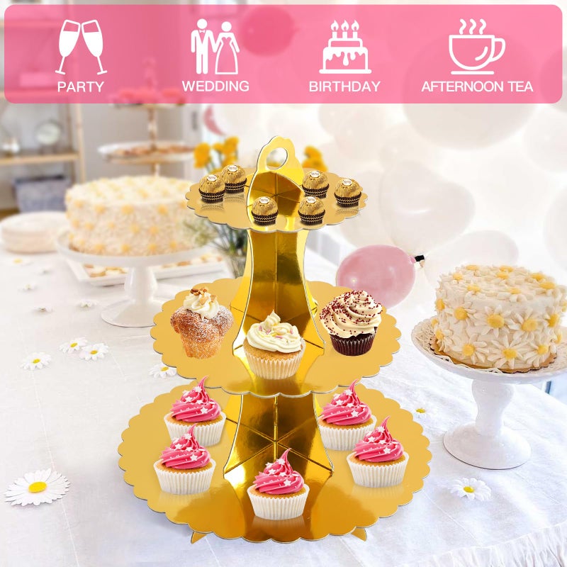 Soleebee 3-Tier Cupcake Stand, Cardboard Cupcake Tower, Dessert Cup Cake Stand Tower for Birthday Wedding Party Decoration, Cupcake Tier Stand 1 Set (Gold) - Image 5