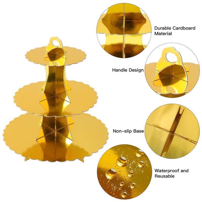 Soleebee 3-Tier Cupcake Stand, Cardboard Cupcake Tower, Dessert Cup Cake Stand Tower for Birthday Wedding Party Decoration, Cupcake Tier Stand 1 Set (Gold) - Image 3