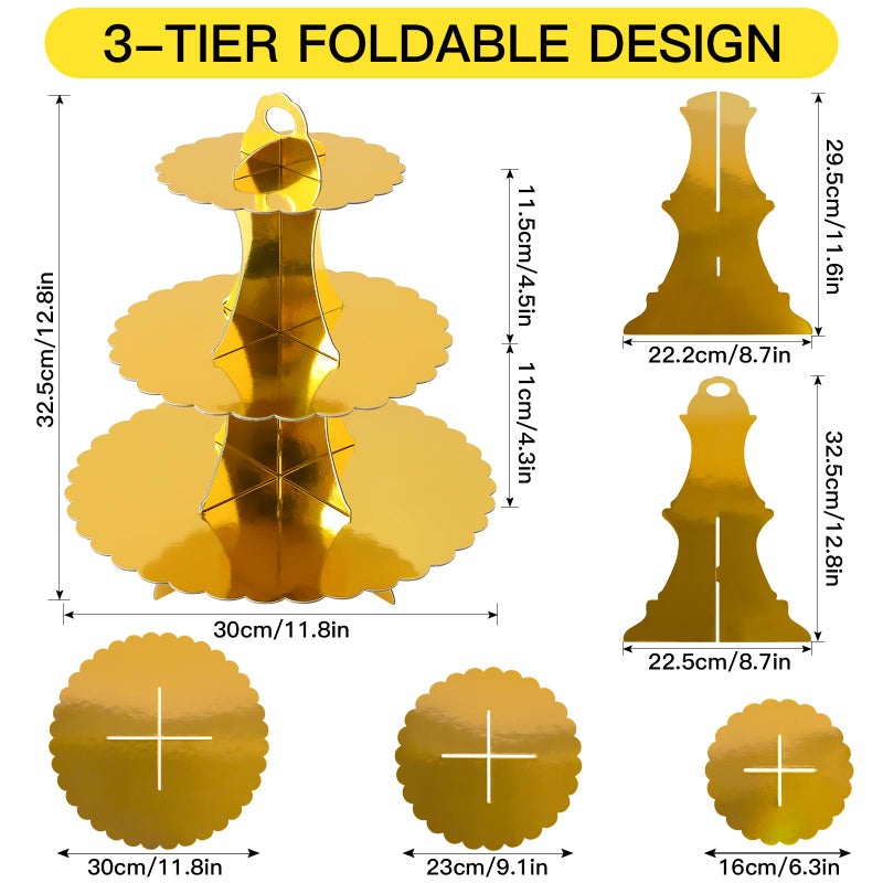 Soleebee 3-Tier Cupcake Stand, Cardboard Cupcake Tower, Dessert Cup Cake Stand Tower for Birthday Wedding Party Decoration, Cupcake Tier Stand 1 Set (Gold) - Image 2