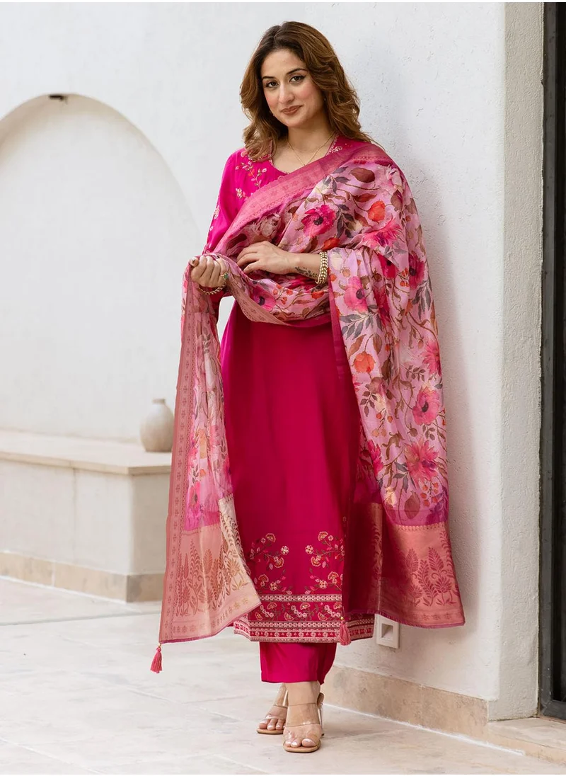 آي شين Women's Pink Modal Muslin Printed Tunic Full Length Casual Straight Fit Kurta Set