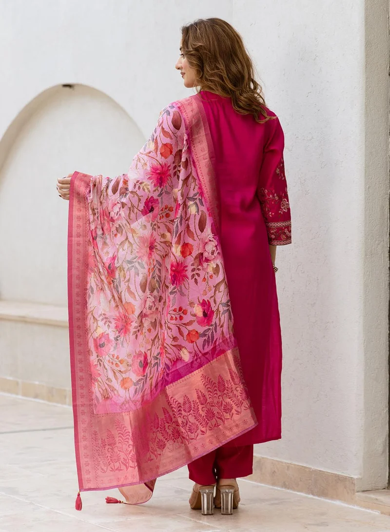 ISHIN Women's Pink Modal Muslin Printed Tunic Full Length Casual Straight Fit Kurta Set