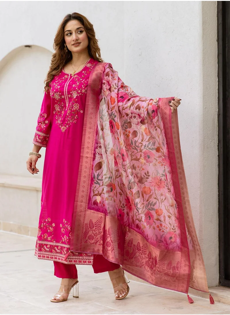 آي شين Women's Pink Modal Muslin Printed Tunic Full Length Casual Straight Fit Kurta Set