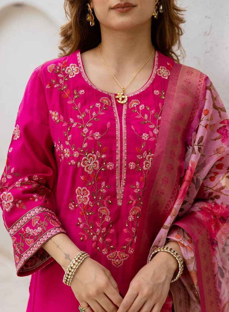 ISHIN Women's Pink Modal Muslin Printed Tunic Full Length Casual Straight Fit Kurta Set