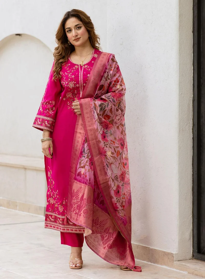 ISHIN Women's Pink Modal Muslin Printed Tunic Full Length Casual Straight Fit Kurta Set