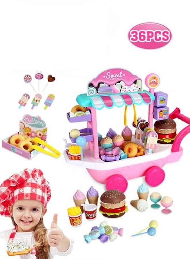 Quivlox Ice Cream Cart and Pretend Play Food Set,Candy Cart Ice Cream Shop,36PCS Ice Cream Toys Candy Cart,Kids Play House Toys with Candy Ice Cream Lollipop etc, Pretend Play Early Educational Toy Gift for Toddler Boys Girls 3+ Years Old  - Image 3