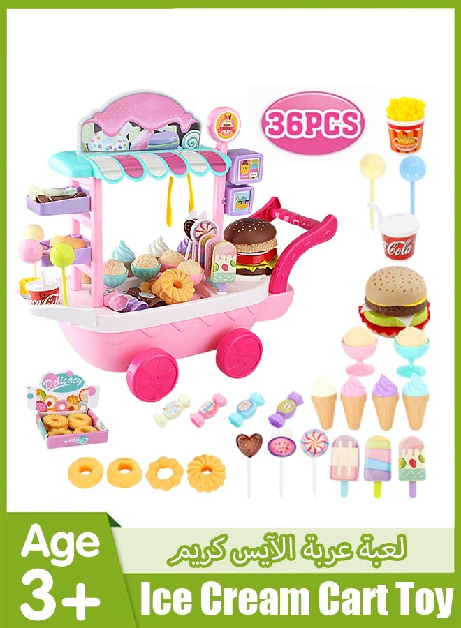 Quivlox Ice Cream Cart and Pretend Play Food Set,Candy Cart Ice Cream Shop,36PCS Ice Cream Toys Candy Cart,Kids Play House Toys with Candy Ice Cream Lollipop etc, Pretend Play Early Educational Toy Gift for Toddler Boys Girls 3+ Years Old  - Image 1