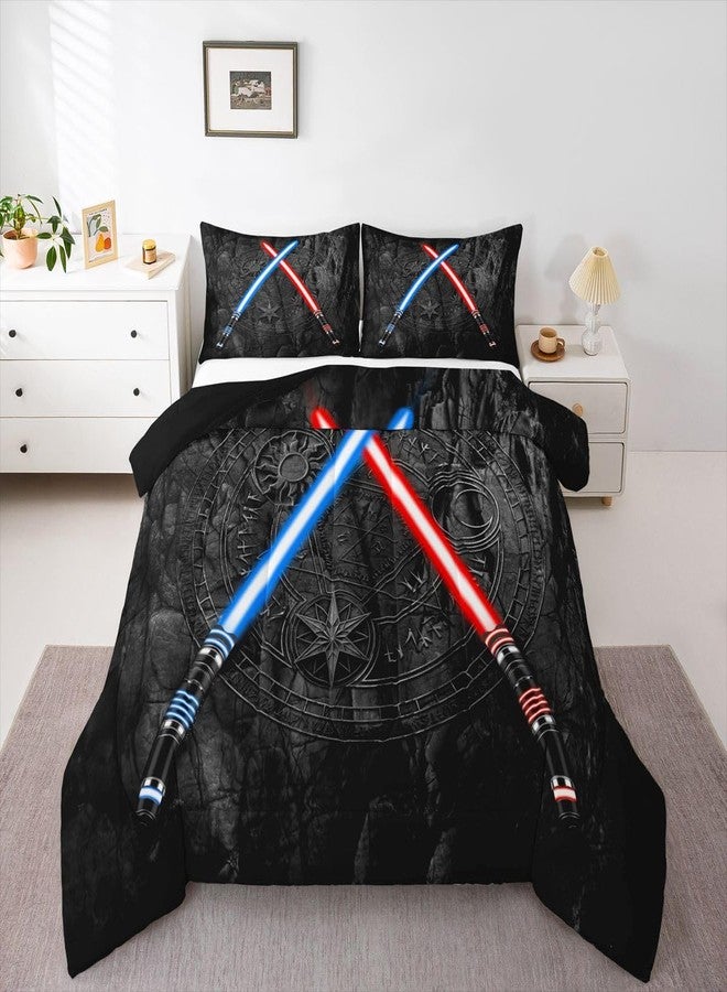 Castle Fairy Lightsaber Comforter Set Twin Size 3D Neon Blue Red Bedding Set 2Pcs Geometric Sun Moon Round Quilt Set for Kids Boys Girls Teens Room Decor Fashion Vintage Stone Wall Duvet Insert,Black - Image 5