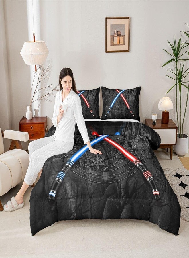 Castle Fairy Lightsaber Comforter Set Twin Size 3D Neon Blue Red Bedding Set 2Pcs Geometric Sun Moon Round Quilt Set for Kids Boys Girls Teens Room Decor Fashion Vintage Stone Wall Duvet Insert,Black - Image 3