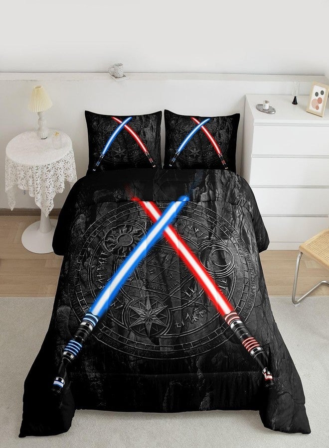 Castle Fairy Lightsaber Comforter Set Twin Size 3D Neon Blue Red Bedding Set 2Pcs Geometric Sun Moon Round Quilt Set for Kids Boys Girls Teens Room Decor Fashion Vintage Stone Wall Duvet Insert,Black - Image 4