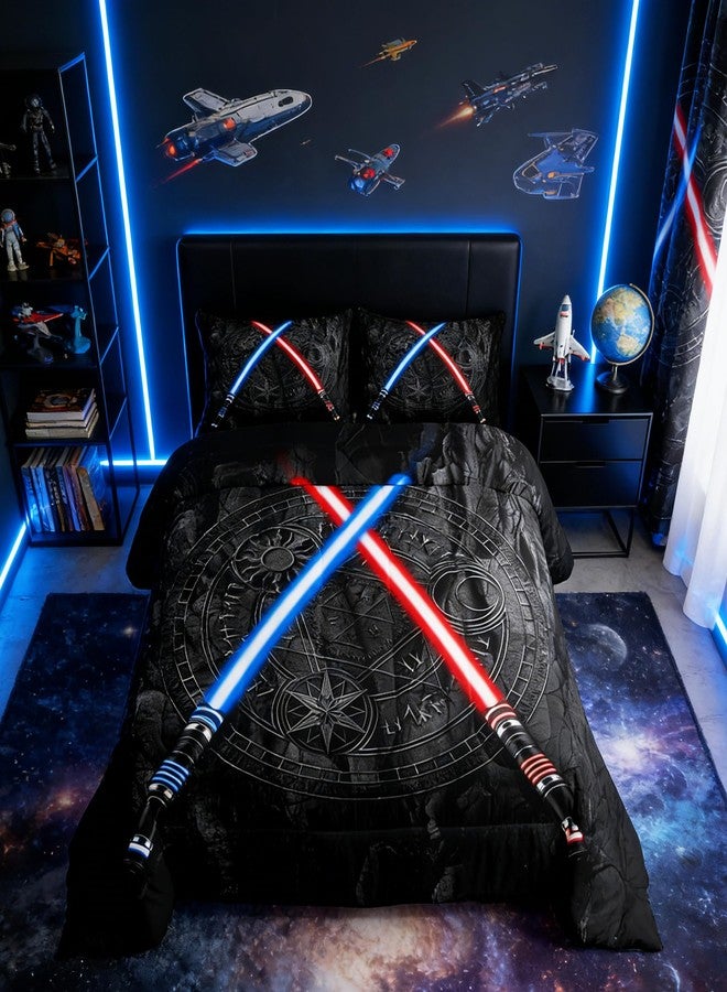 Castle Fairy Lightsaber Comforter Set Twin Size 3D Neon Blue Red Bedding Set 2Pcs Geometric Sun Moon Round Quilt Set for Kids Boys Girls Teens Room Decor Fashion Vintage Stone Wall Duvet Insert,Black - Image 1