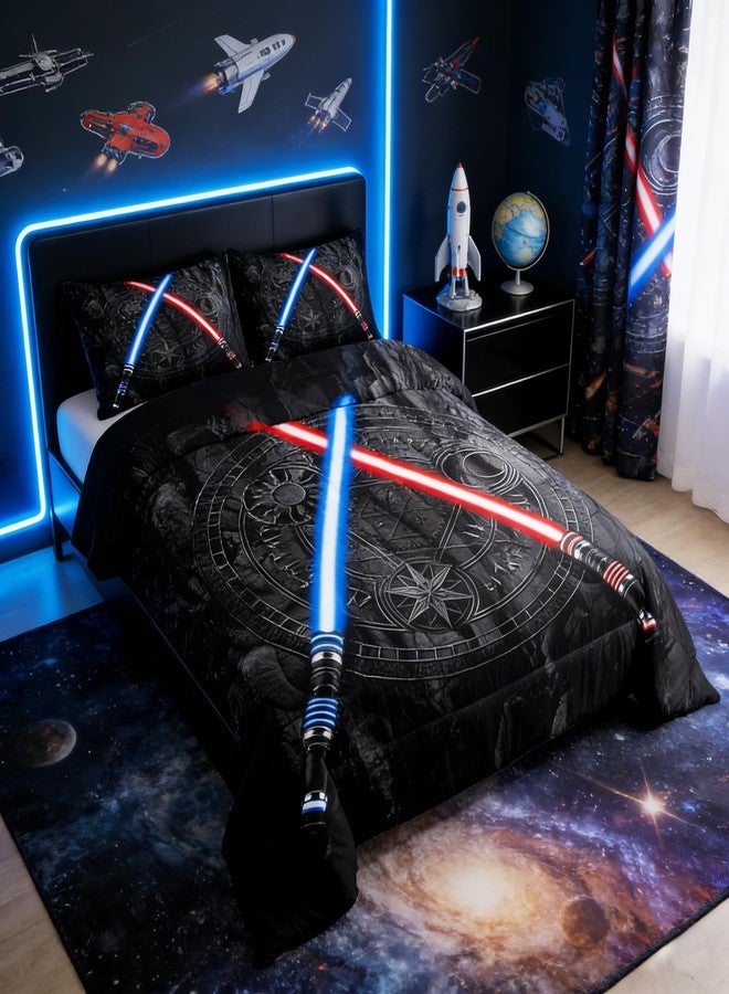 Castle Fairy Lightsaber Comforter Set Twin Size 3D Neon Blue Red Bedding Set 2Pcs Geometric Sun Moon Round Quilt Set for Kids Boys Girls Teens Room Decor Fashion Vintage Stone Wall Duvet Insert,Black - Image 2
