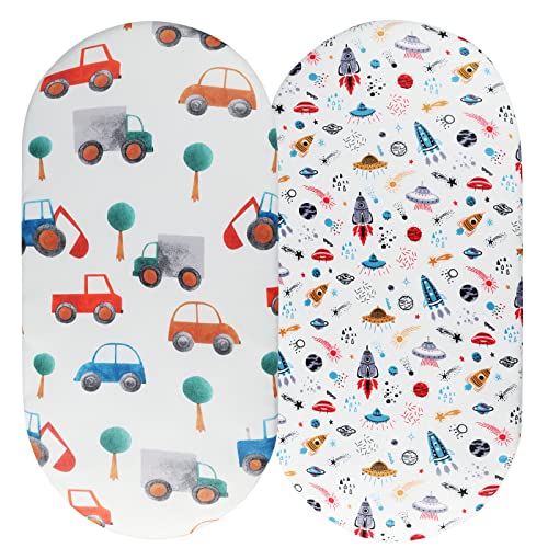 Tontukatu Bassinet Sheet Set 2 Pack Snug Fitted Cradle Fitted Sheets Stretchy Ultra Soft for Oval Rectangle Hourglass Bassinet Mattress Unisex Boy Girl Planet Rocket Satellite Car