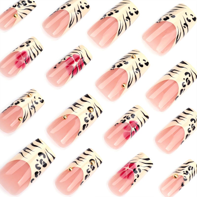 Jremg Leopard Print French Tip Press on Nails Long Square Fake Nails with 3D Gold Pearl Designs Glossy Red Flower Full Cover Glue On Nails Reusable Coffin Autumn Winter False Nails for Women 24Pcs - Image 3