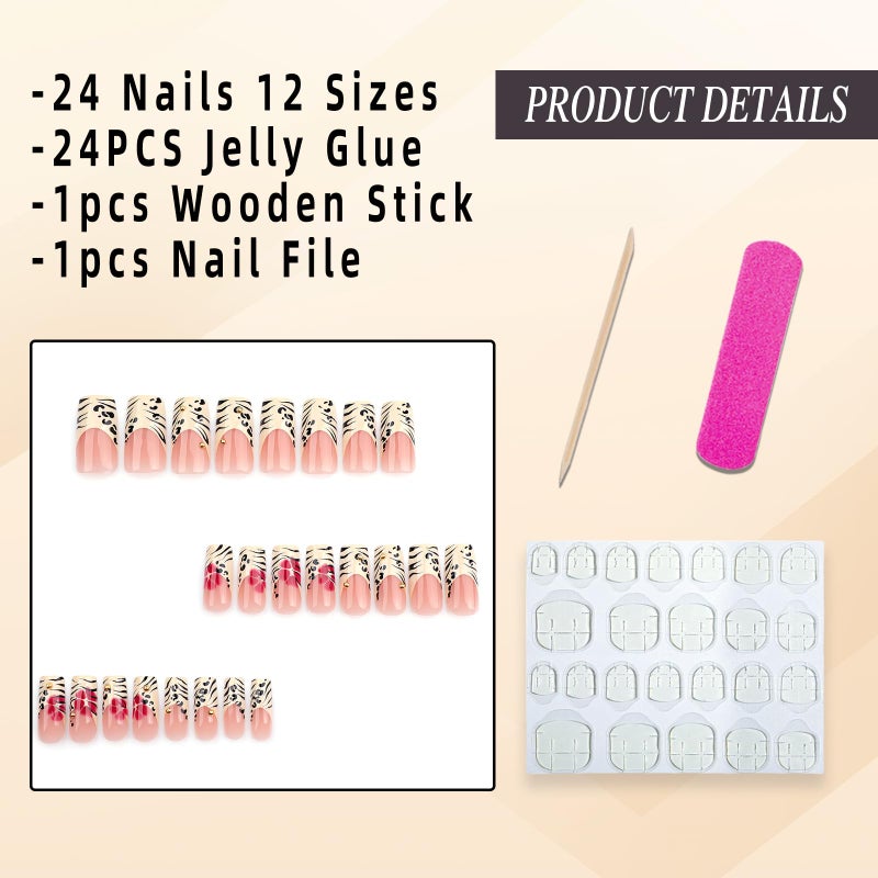 Jremg Leopard Print French Tip Press on Nails Long Square Fake Nails with 3D Gold Pearl Designs Glossy Red Flower Full Cover Glue On Nails Reusable Coffin Autumn Winter False Nails for Women 24Pcs - Image 2