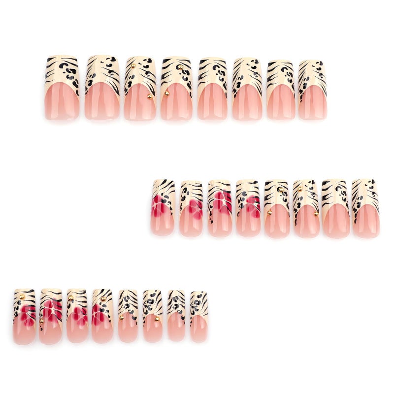 Jremg Leopard Print French Tip Press on Nails Long Square Fake Nails with 3D Gold Pearl Designs Glossy Red Flower Full Cover Glue On Nails Reusable Coffin Autumn Winter False Nails for Women 24Pcs - Image 5