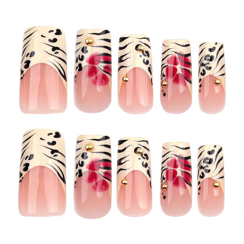 Jremg Leopard Print French Tip Press on Nails Long Square Fake Nails with 3D Gold Pearl Designs Glossy Red Flower Full Cover Glue On Nails Reusable Coffin Autumn Winter False Nails for Women 24Pcs - Image 4