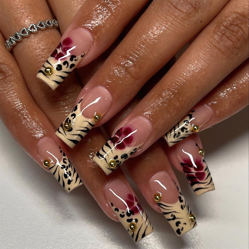 Jremg Leopard Print French Tip Press on Nails Long Square Fake Nails with 3D Gold Pearl Designs Glossy Red Flower Full Cover Glue On Nails Reusable Coffin Autumn Winter False Nails for Women 24Pcs - Image 1