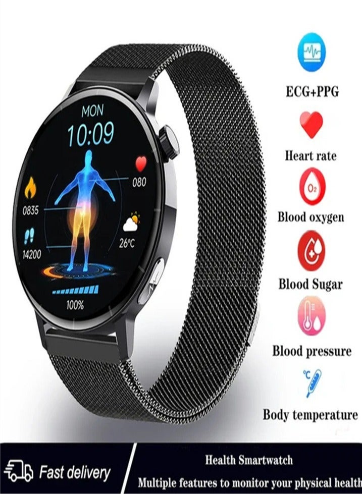 ساعة ذكية عالية الدقة مستديرة مقاومة للماء IP67، معدل ضربات القلب، تخطيط القلب الكهربائي، مراقبة نسبة الدهون في الدم، حمض البوليك، ساعة رياضية صحية (ثلاثة أنماط حزام اختيارية) قطعة واحدة - Image 1