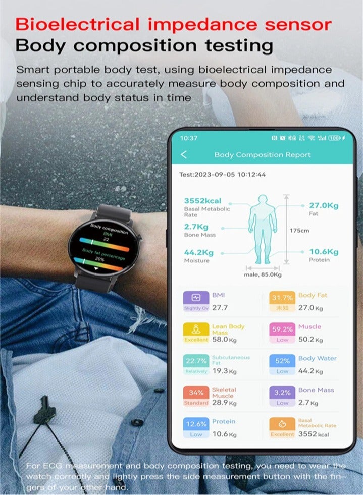 ساعة ذكية عالية الدقة مستديرة مقاومة للماء IP67، معدل ضربات القلب، تخطيط القلب الكهربائي، مراقبة نسبة الدهون في الدم، حمض البوليك، ساعة رياضية صحية (ثلاثة أنماط حزام اختيارية) قطعة واحدة - Image 2