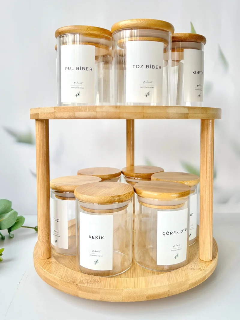 موتوجو Bamboo Rotating Stand Bamboo Vacuum Lid 12 Piece Glass Spice Set