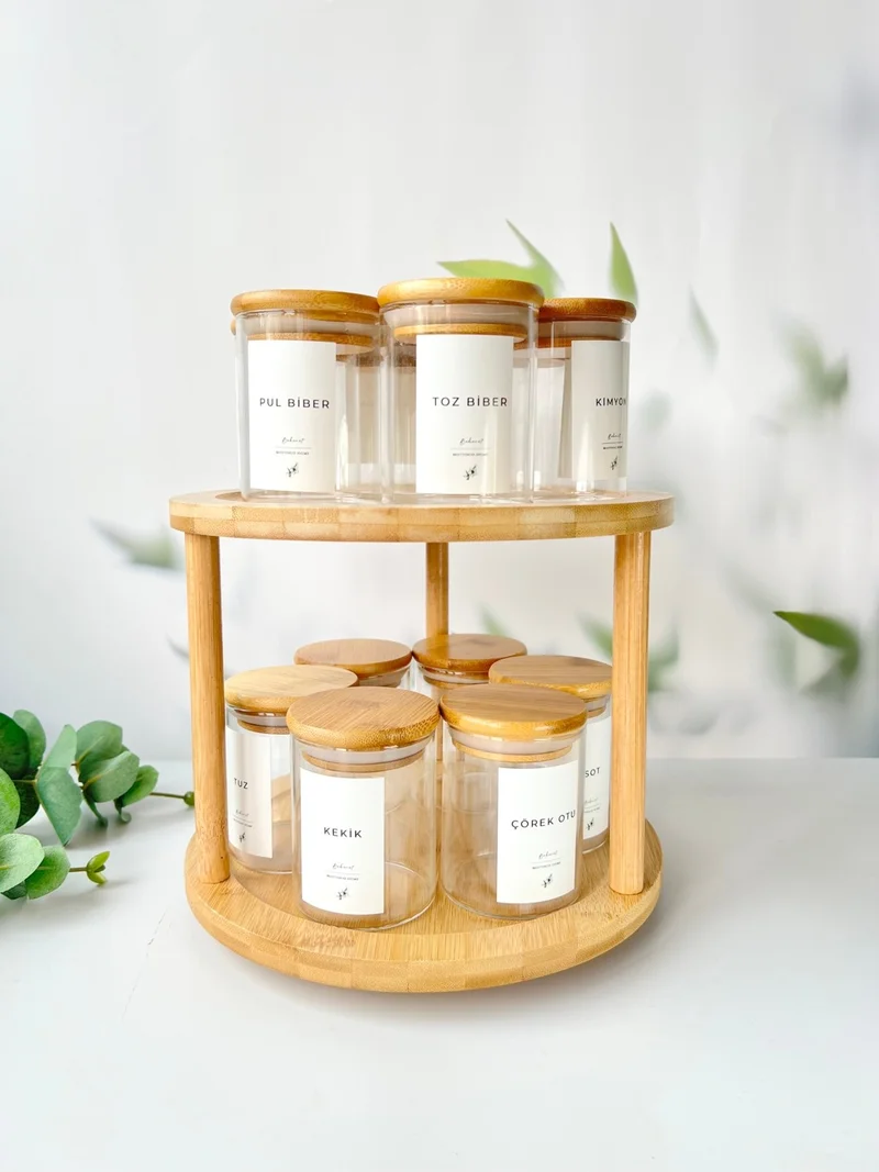موتوجو Bamboo Rotating Stand Bamboo Vacuum Lid 12 Piece Glass Spice Set