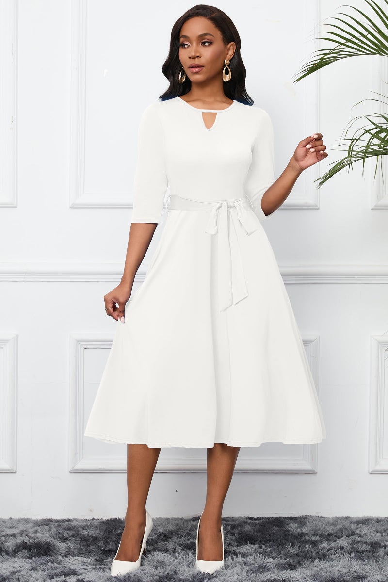 CLOCOR Women's Midi Dress 3/4 Sleeve A-line Swing Dress for Women Crewneck Casual Church White Dresses with Pockets L - Image 5