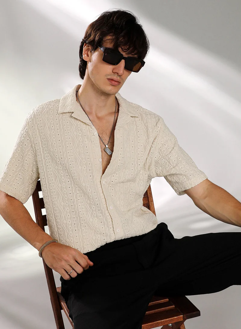 كامبوس سوترا Men's Off-White Aztec-Textured Shirt For Casual Wear | Cuban Collar | Short Sleeve | Button Closure | Shirt Crafted With Comfort Fit For Everyday Wear