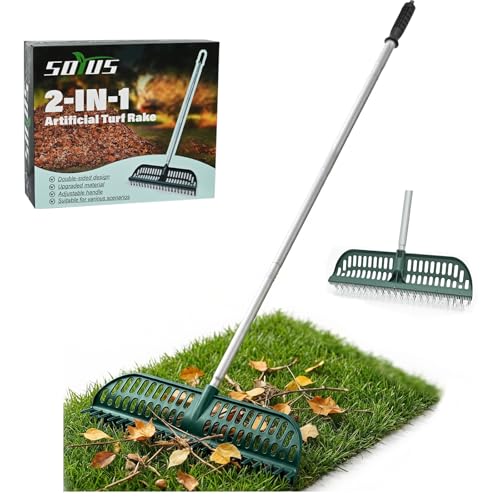 SOYUS Artificial Turf Rake, 2 in 1 Turf Rake with Adjustable Steel Handle, 30" to 53" Long, 17.9 inch Wide for Artificial Grass and Lawn Leaf Removal, Carpet Rakes, Pet Hair Removal - Image 1