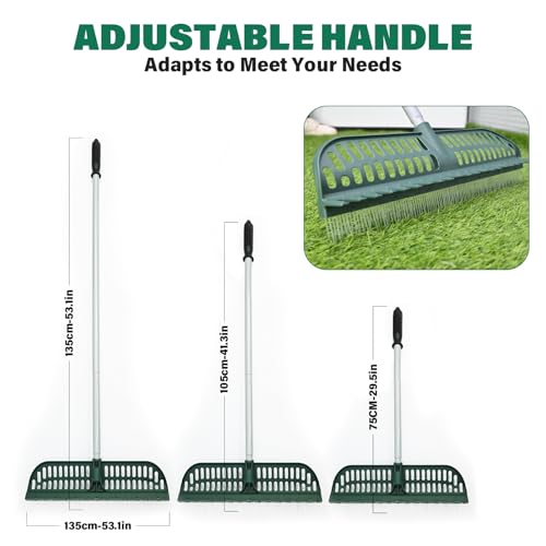 SOYUS Artificial Turf Rake, 2 in 1 Turf Rake with Adjustable Steel Handle, 30" to 53" Long, 17.9 inch Wide for Artificial Grass and Lawn Leaf Removal, Carpet Rakes, Pet Hair Removal - Image 2