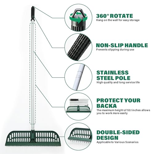 SOYUS Artificial Turf Rake, 2 in 1 Turf Rake with Adjustable Steel Handle, 30" to 53" Long, 17.9 inch Wide for Artificial Grass and Lawn Leaf Removal, Carpet Rakes, Pet Hair Removal - Image 5