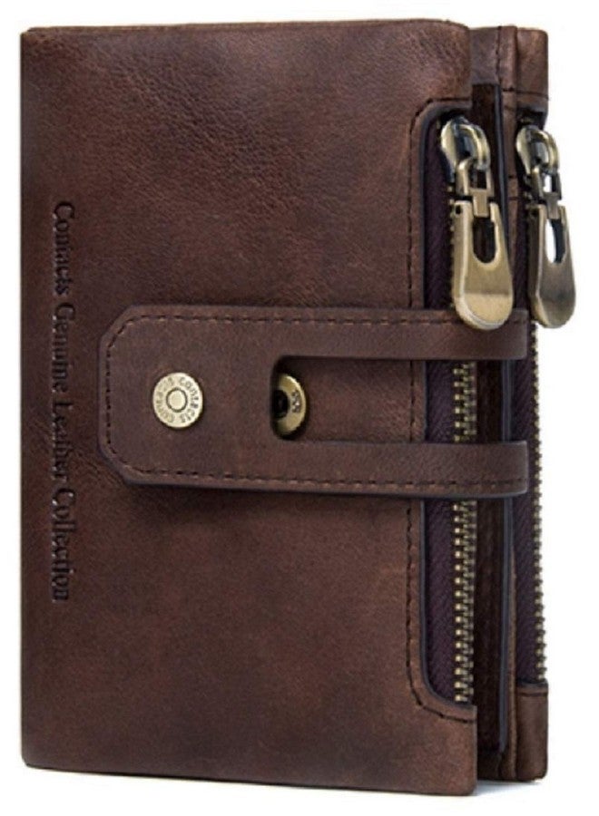Contacts Genuine Leather Wallet for Men | 14 Card Slots, 1 ID Window | 2 Zipper Compartments, Button Closure | Men's RFID Blocking Wallet (Brown) - Image 1