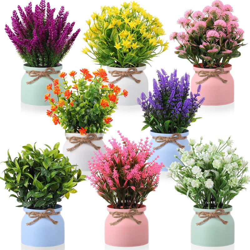 Cindeer 8 Pcs Artificial Potted Flowers Fake Potted Plants Plastic Faux Flowers for Home Decor Indoor Small Artificial Plants in Pots for Wedding Home Desk Tabletop Outdoor Office Kitchen