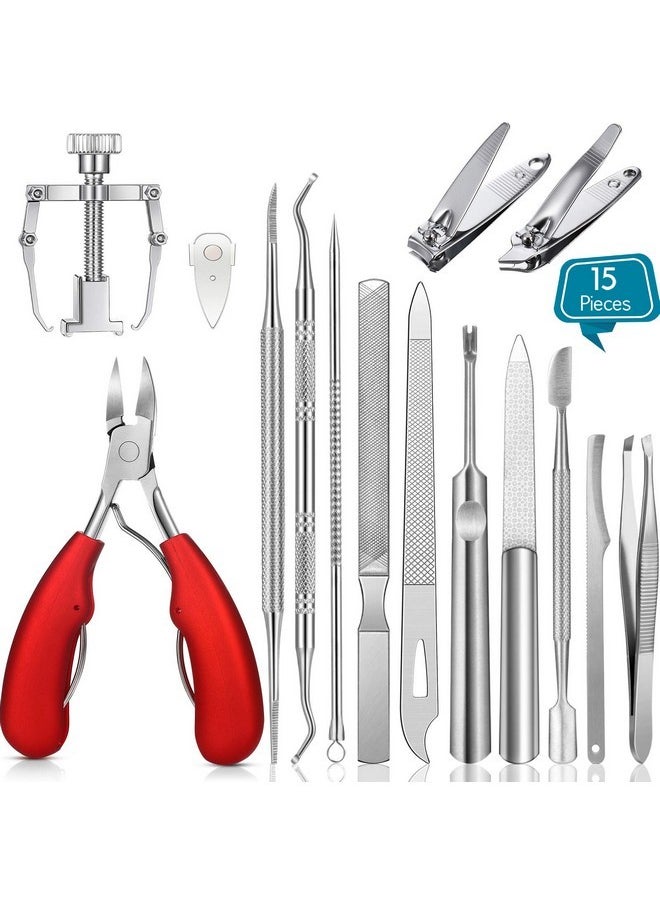 Mudder - 15 Pieces Ingrown Toenail Tools Stainless Steel Foot Nail Tools, Toenail File And Lifter, Nail Clipper, Cuticle Cutters, Cuticle Pusher And Manicure Pedicure Tools For Ingrown And Thick Nail (Red) - Image 1