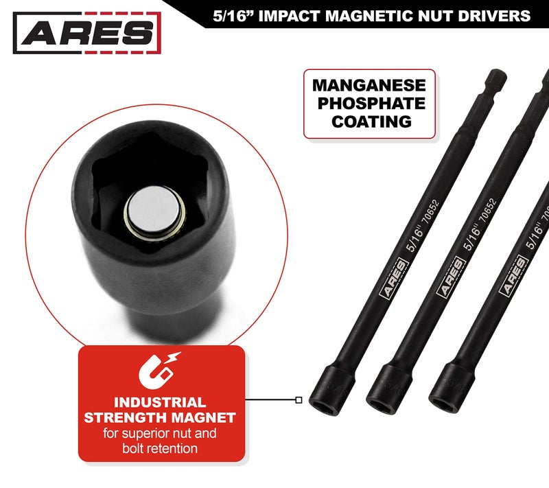ARES 27009-3-Piece 5/16-Inch Magnetic Impact Nut Driver Bit Set - 6-Inch Length - Impact Grade Nut Setters with Industrial Strength Magnets - Image 3