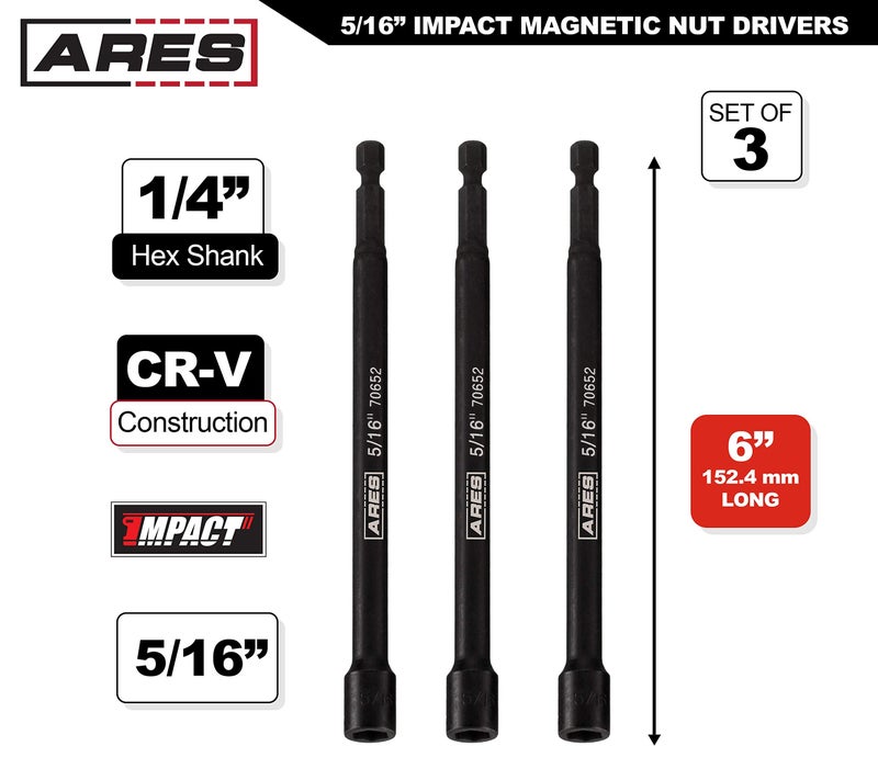 ARES 27009-3-Piece 5/16-Inch Magnetic Impact Nut Driver Bit Set - 6-Inch Length - Impact Grade Nut Setters with Industrial Strength Magnets - Image 2