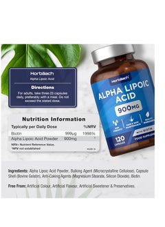 Horbäach Alpha Lipoic Acid 900mg Complex with 999ug of Biotin 120 Capsules 40 Servings  - Image 2